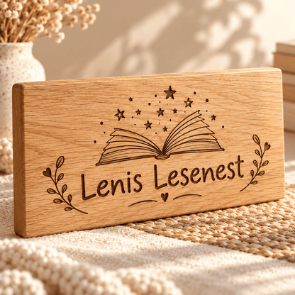 Lesenest – Personalisiertes Schild für die Leseecke, Gravur und Holzdetail; digitale Gestaltungsvisualisierung