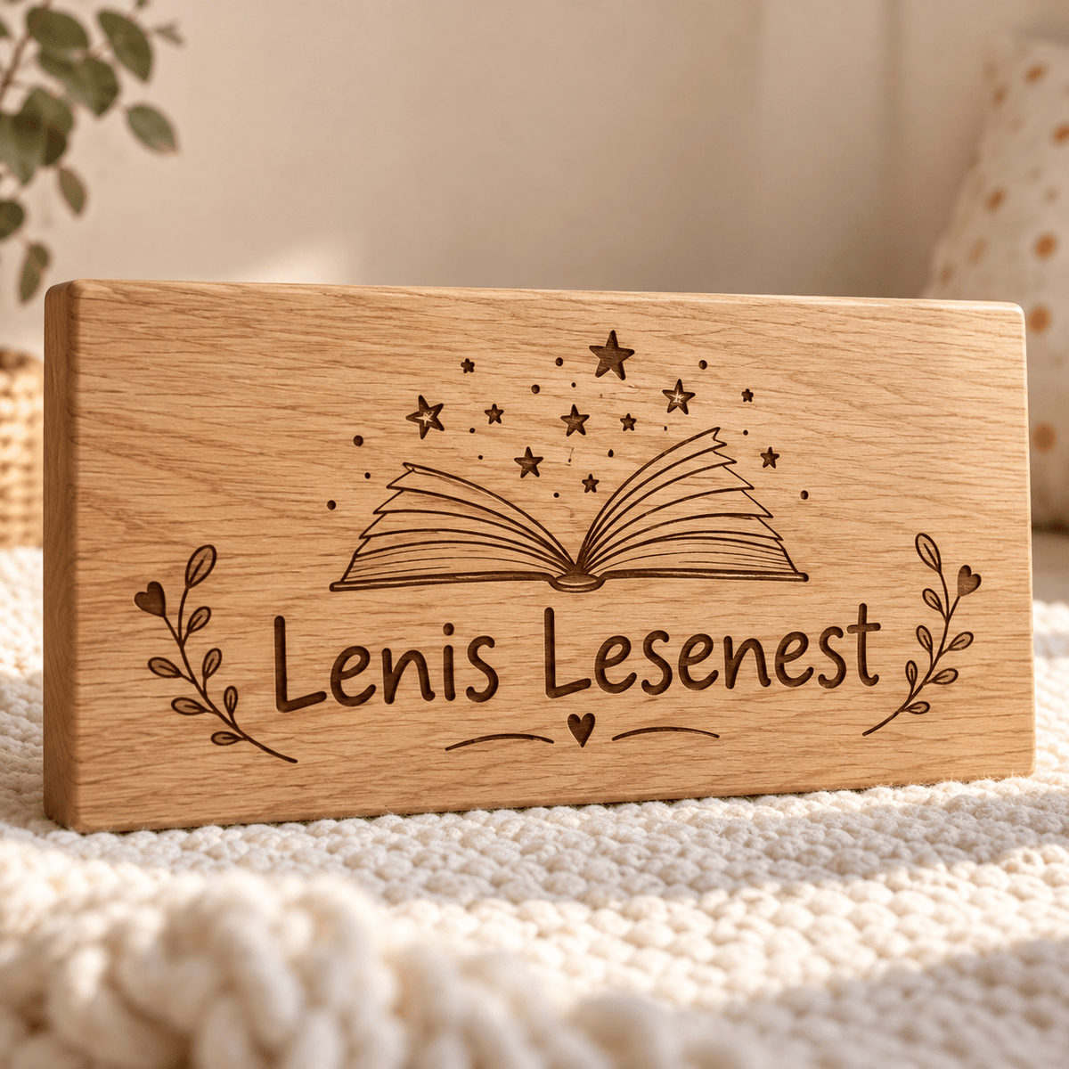 Lesenest – Personalisiertes Schild für die Leseecke, Produktansicht; digitale Gestaltungsvisualisierung