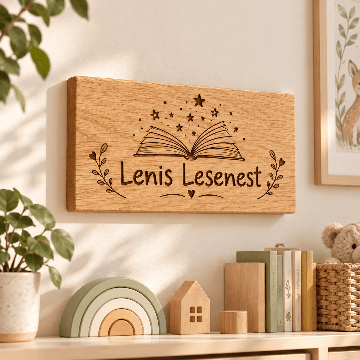 Lesenest – Personalisiertes Schild für die Leseecke, Kinderzimmer-Beispiel; digitale Gestaltungsvisualisierung