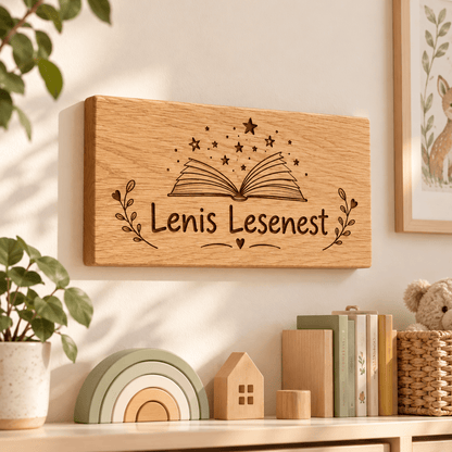 Lesenest – Personalisiertes Schild für die Leseecke, Kinderzimmer-Beispiel; digitale Gestaltungsvisualisierung