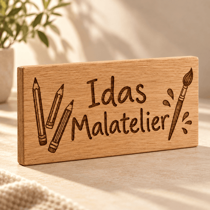 Malatelier – Personalisiertes Schild für die Malecke, Gravur und Holzdetail; digitale Gestaltungsvisualisierung