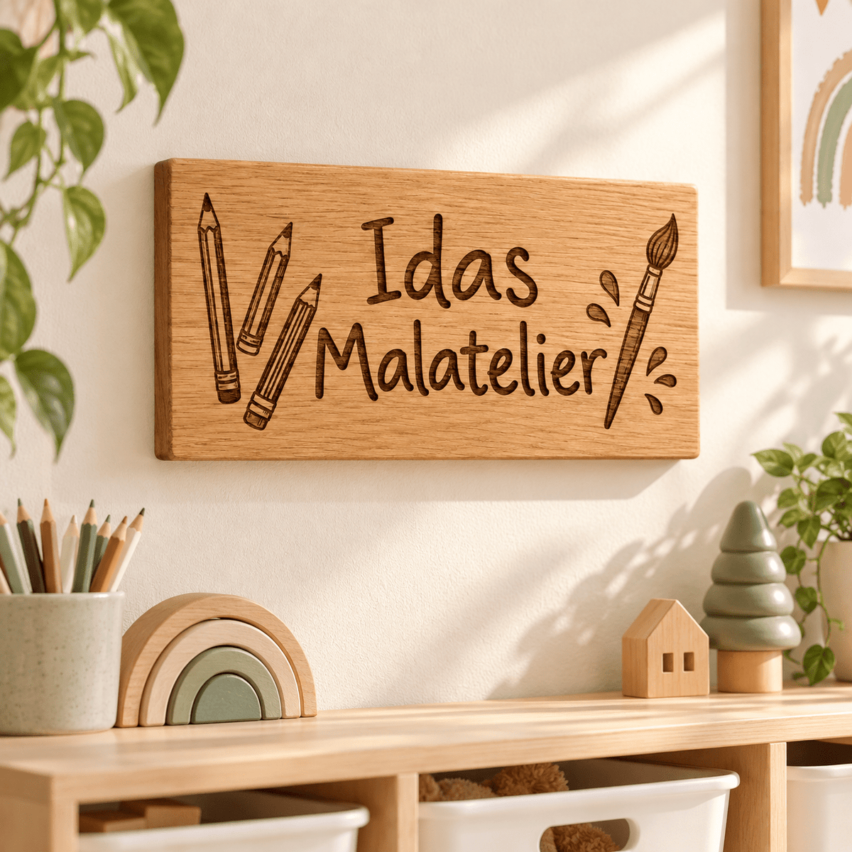 Malatelier – Personalisiertes Schild für die Malecke, Kinderzimmer-Beispiel; digitale Gestaltungsvisualisierung