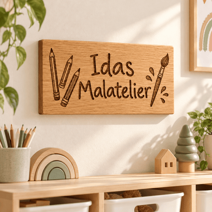 Malatelier – Personalisiertes Schild für die Malecke, Kinderzimmer-Beispiel; digitale Gestaltungsvisualisierung