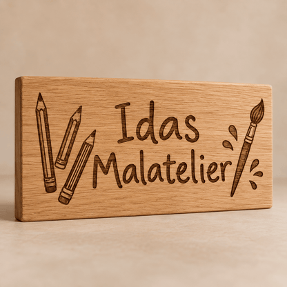Malatelier – Personalisiertes Schild für die Malecke, Produktansicht; digitale Gestaltungsvisualisierung