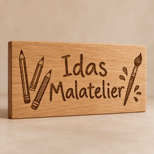 Malatelier – Personalisiertes Schild für die Malecke, Produktansicht; digitale Gestaltungsvisualisierung