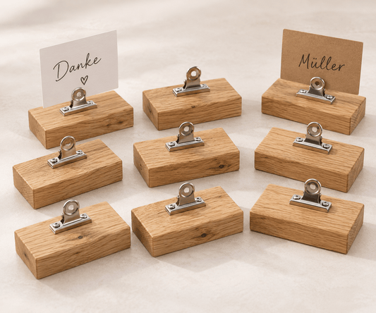 Marktkarten – Preisschild-Klemmen im 10er-Set aus Eiche – Produktansicht mit Beispielpersonalisierung