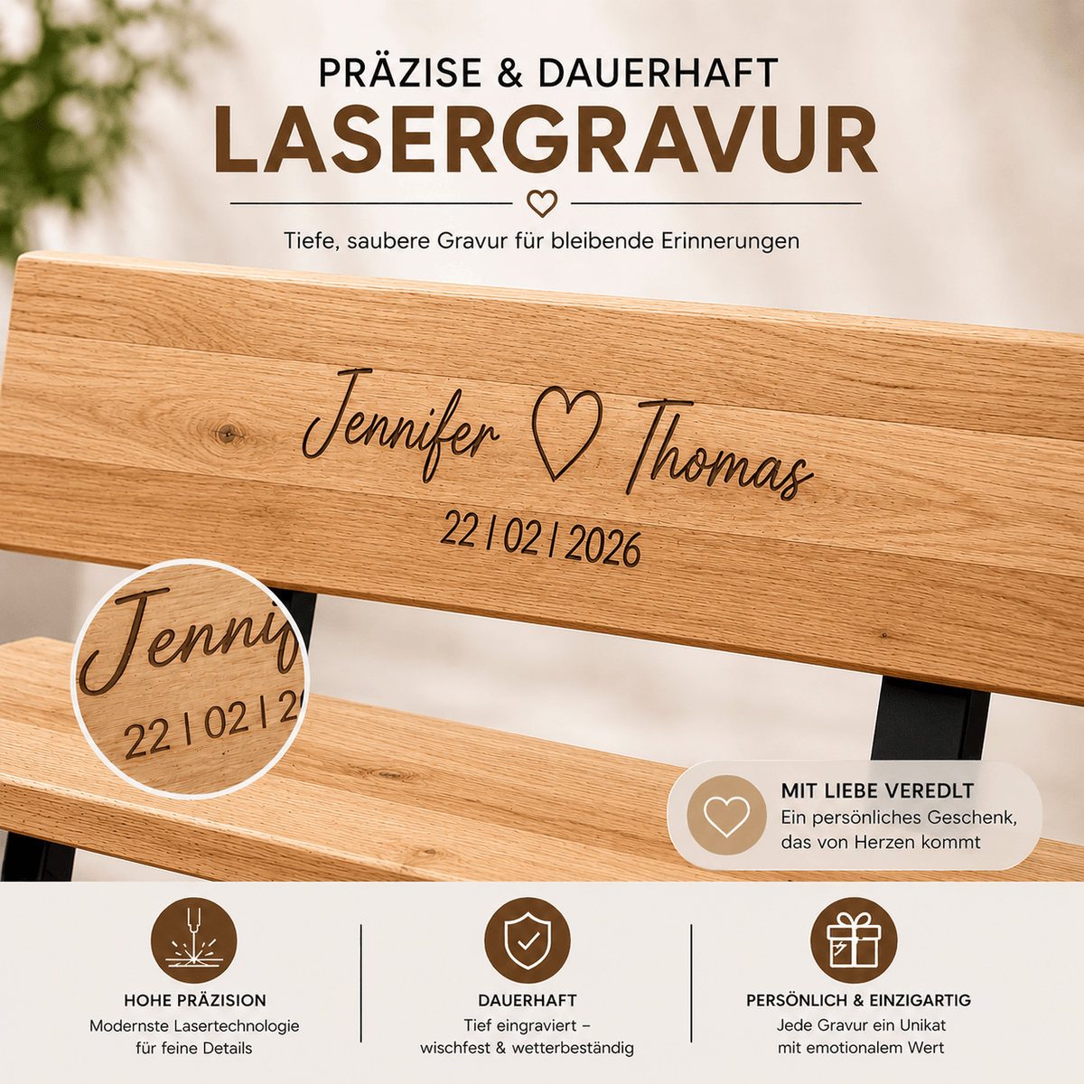 Personalisierbare Massivholzbank Madera mit Lehne und Gravur – weiteres Produktbild 4
