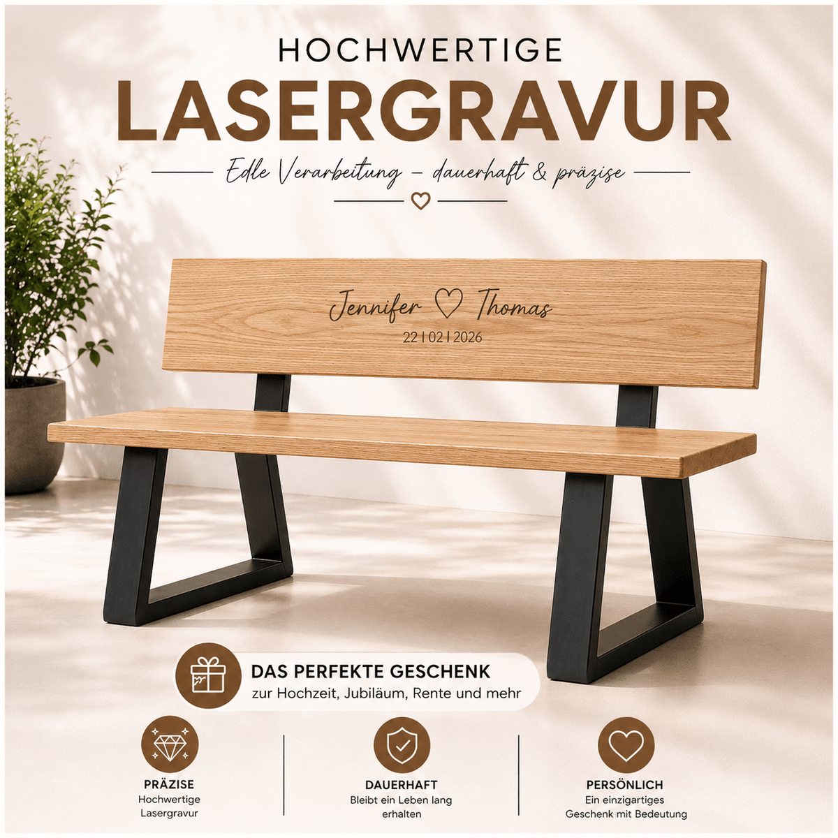Personalisierbare Massivholzbank Madera mit Lehne und Gravur – weiteres Produktbild 3
