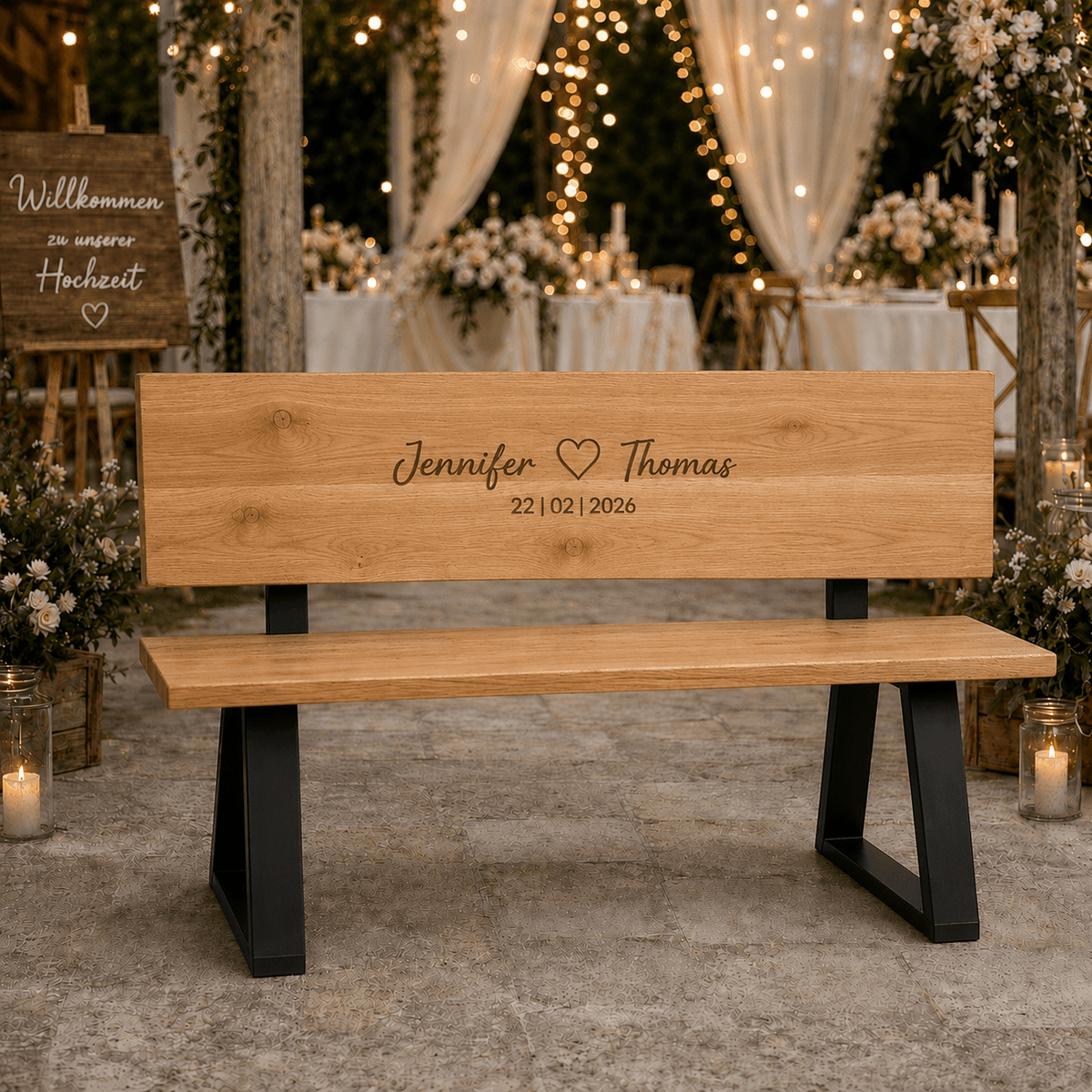 Massivholzbank mit Lehne "Madera" Dein Unikat mit persönlicher Gravur! - Wood-24