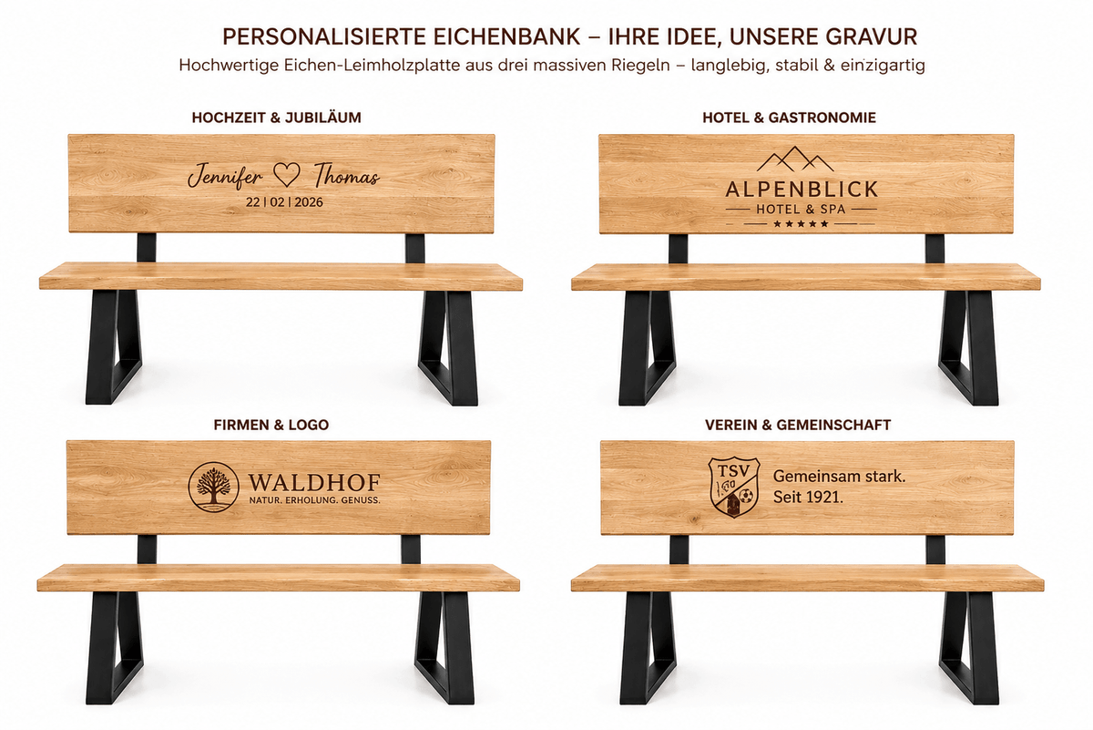 Personalisierbare Massivholzbank Madera mit Lehne und Gravur – weiteres Produktbild 7