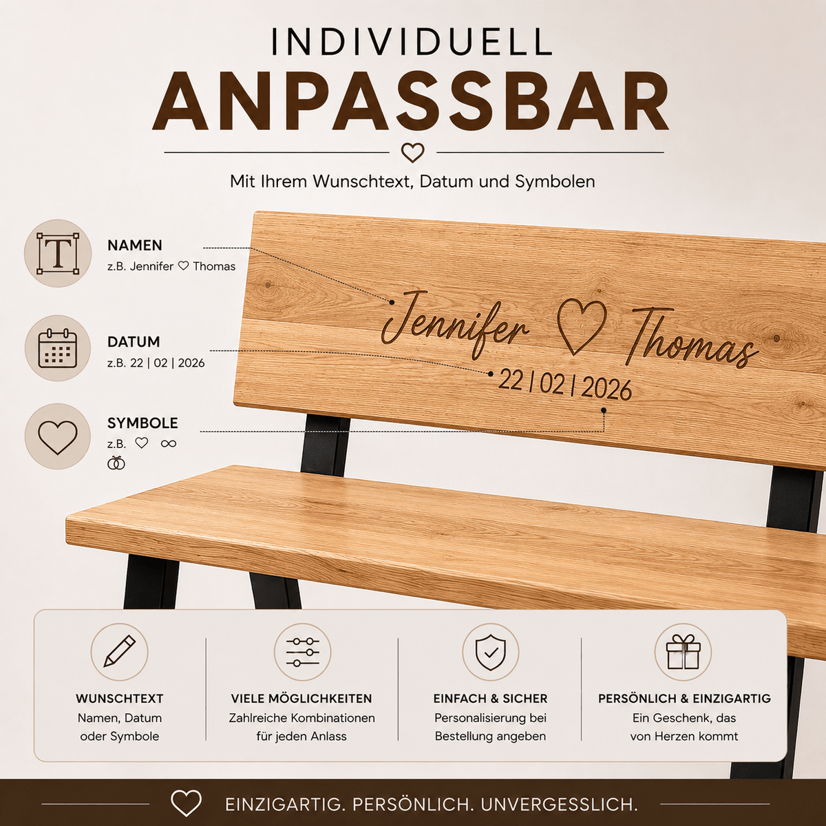 Personalisierbare Massivholzbank Madera mit Lehne und Gravur – weiteres Produktbild 6