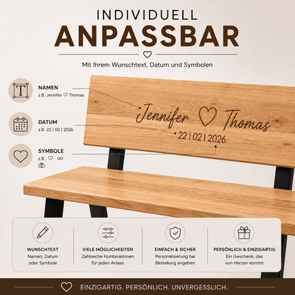 Personalisierbare Massivholzbank Madera mit Lehne und Gravur – weiteres Produktbild 6