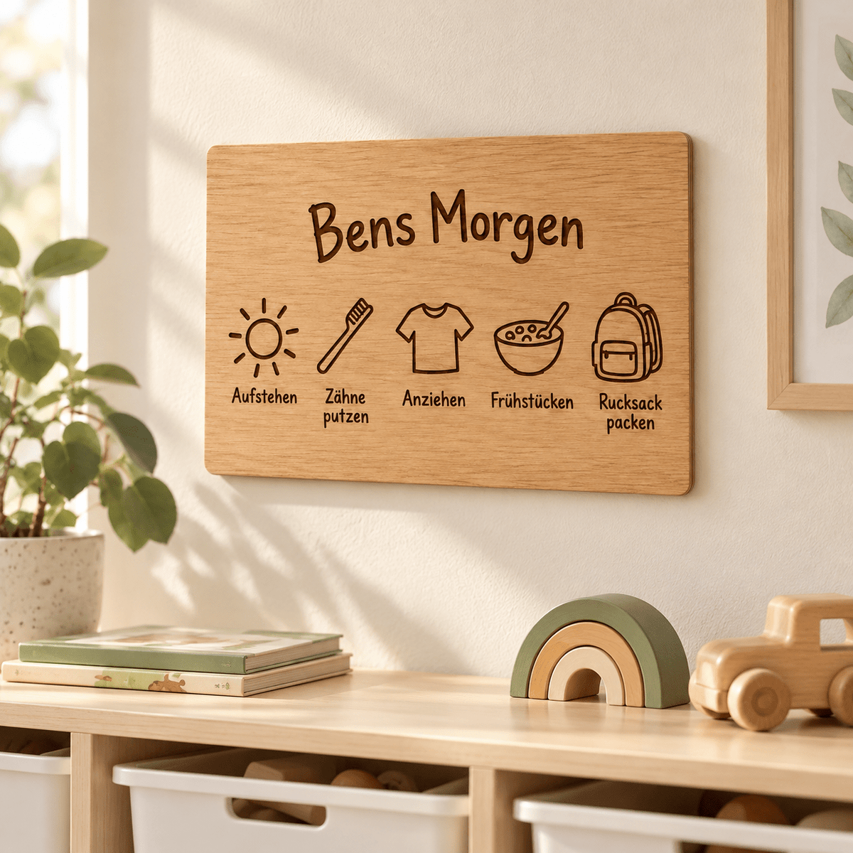 Morgenstart – Personalisierte Morgenroutine-Tafel, Kinderzimmer-Beispiel; digitale Gestaltungsvisualisierung