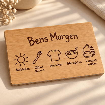 Morgenstart – Personalisierte Morgenroutine-Tafel, Gravur und Holzdetail; digitale Gestaltungsvisualisierung