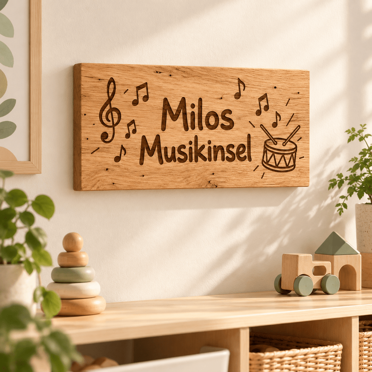 Musikinsel – Personalisiertes Schild für die Musikecke, Kinderzimmer-Beispiel; digitale Gestaltungsvisualisierung