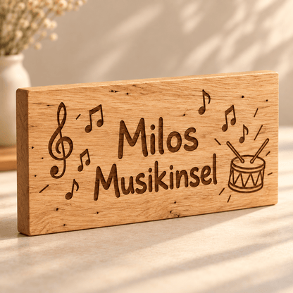 Musikinsel – Personalisiertes Schild für die Musikecke, Gravur und Holzdetail; digitale Gestaltungsvisualisierung