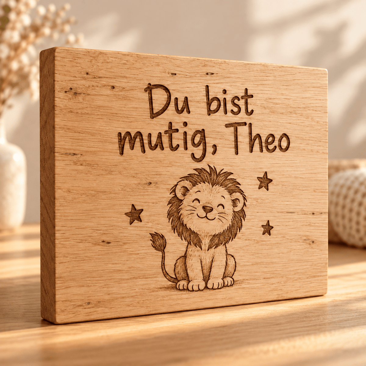Mutmacher – Personalisierte Kinderzimmer-Tafel, Gravur und Holzdetail; digitale Gestaltungsvisualisierung
