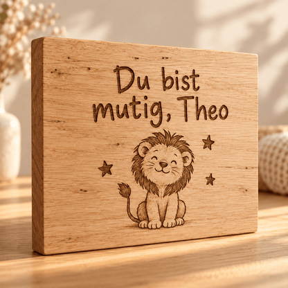 Mutmacher – Personalisierte Kinderzimmer-Tafel, Gravur und Holzdetail; digitale Gestaltungsvisualisierung