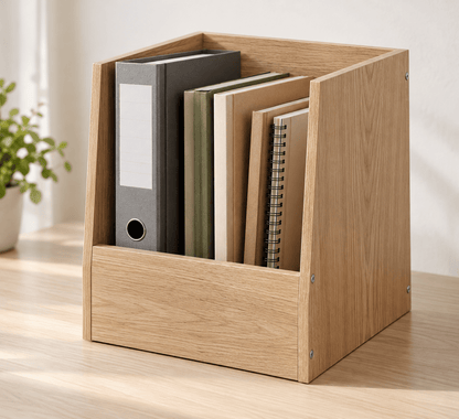 Papierarchiv – stehender A4-Ordnerkasten in Eicheoptik – Produktansicht mit Beispielpersonalisierung