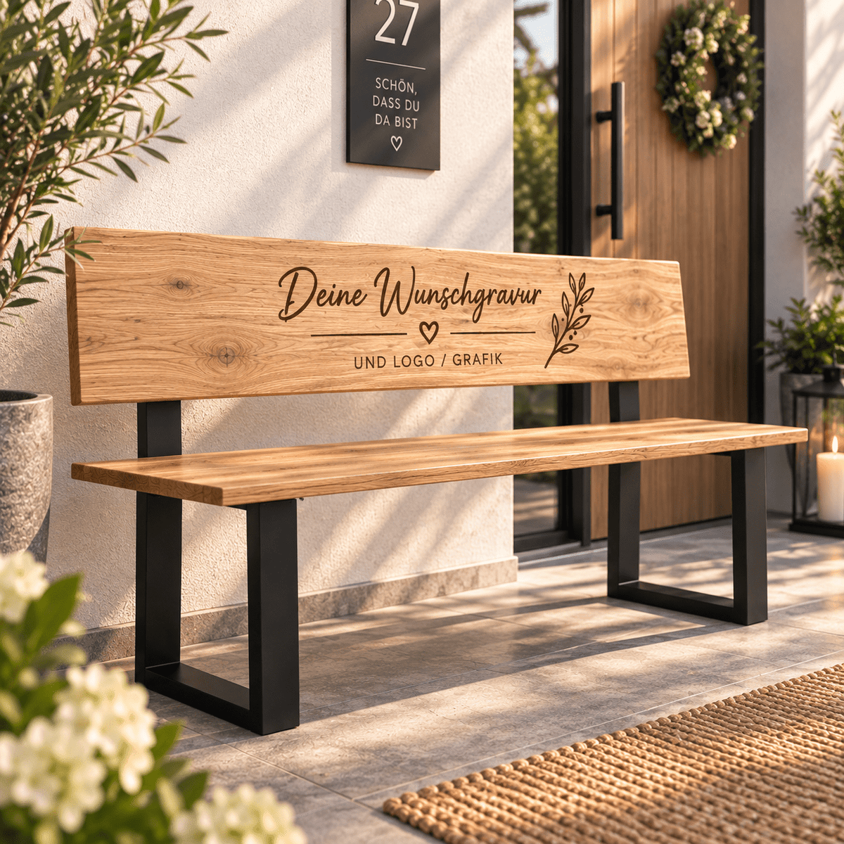 Personalisierte Eichenbank mit Gravur | Sitzbank Massivholz nach Maß | Hochzeitsbank | Geschenk zur Hochzeit | Wunschtext & Logo - Wood-24