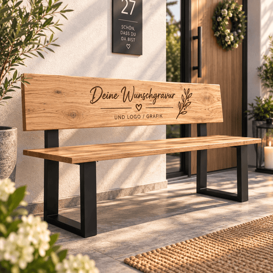 Personalisierte Massivholz-Eichenbank nach Maß mit Wunschgravur für Hochzeiten – Produktbild