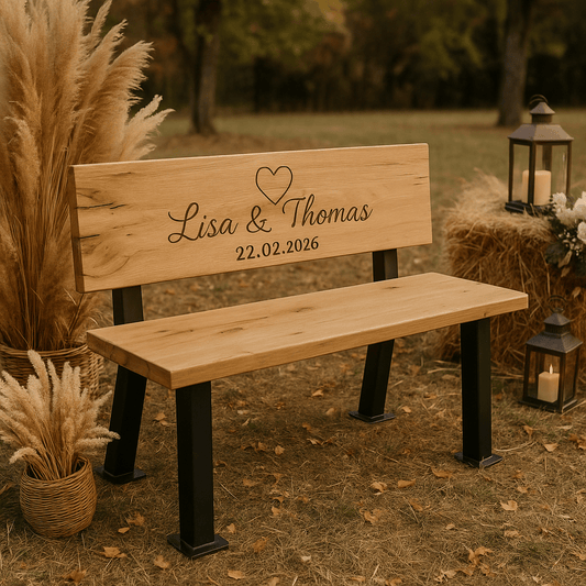 Personalisierte Hochzeitsbank aus Eiche – Lasergravur mit Namen & Datum | Wedding Geschenk individuell | Lieblingsplatz Bank | - Woodequipment24