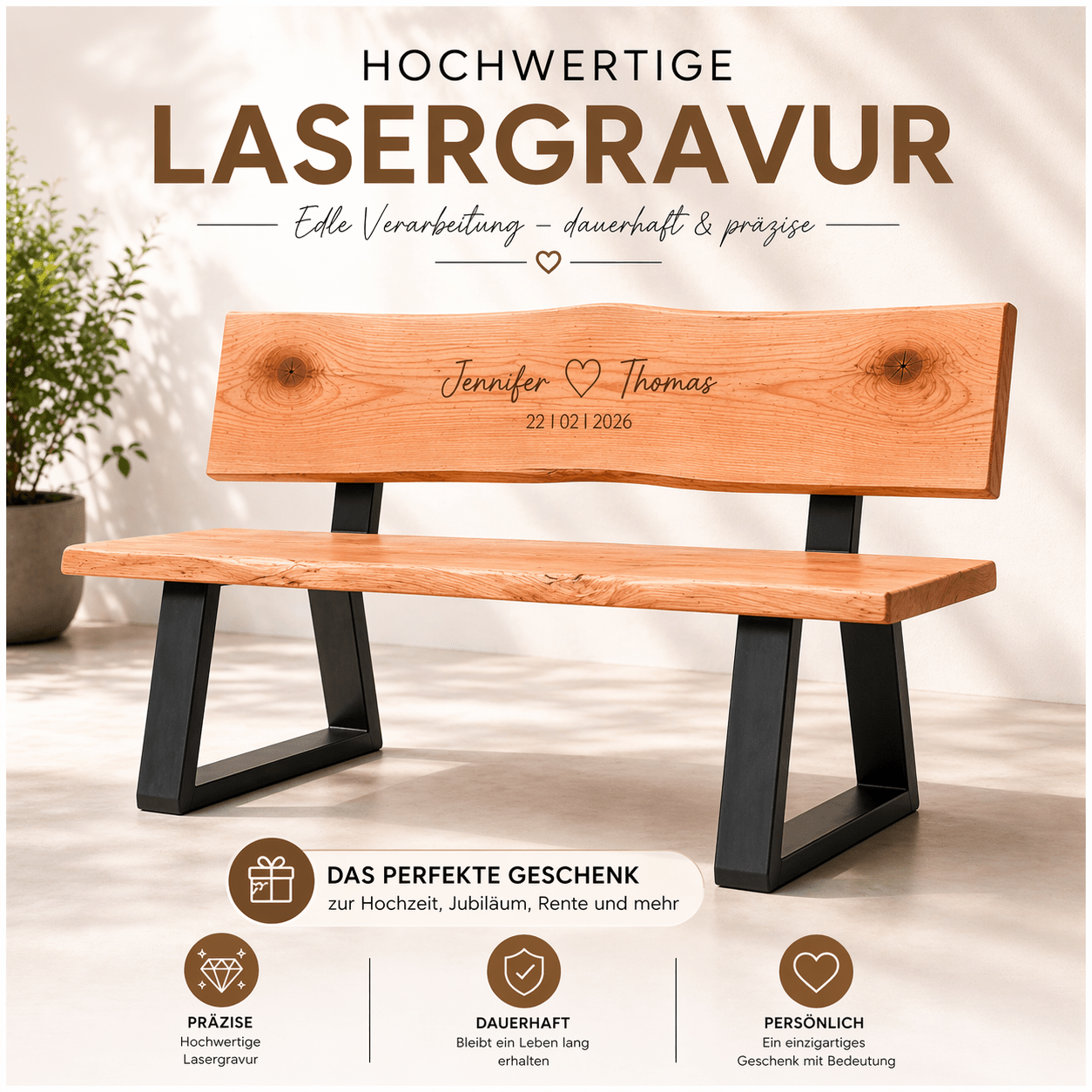 WOOD-24 Lasergravur: Präzise, dauerhaft und wetterbeständig auf Massivholz.