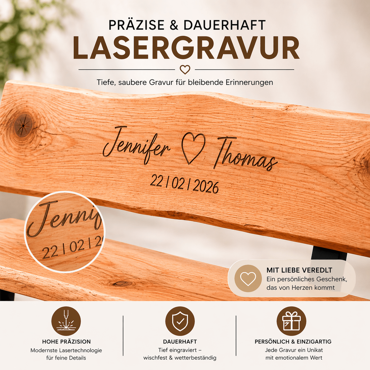 WOOD-24 Lasergravur: Präzise, dauerhaft und wetterbeständig auf Massivholz.