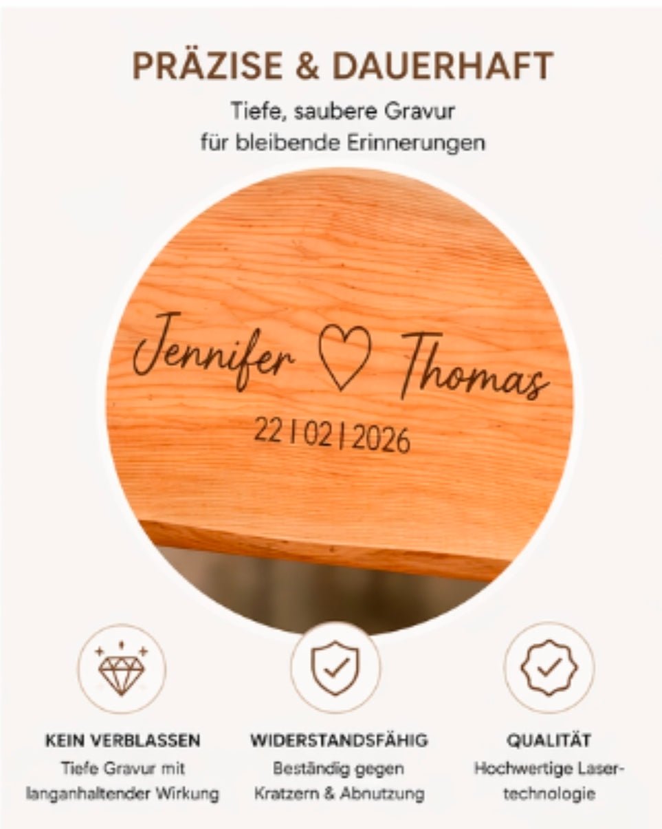 Personalisierte Holzbank mit Gravur – Sitzbank aus massivem Douglasienholz – Individuell mit Namen & Datum – Geschenk zur Hochzeit, Jubiläum oder Rente – 120 cm - Wood - 24