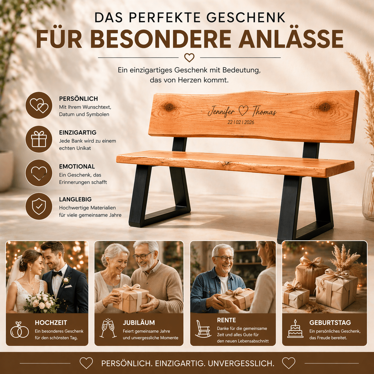 Personalisierte Holzbank mit Gravur – Sitzbank aus massivem Douglasienholz – Individuell mit Namen & Datum – Geschenk zur Hochzeit, Jubiläum oder Rente – 120 cm - Wood - 24