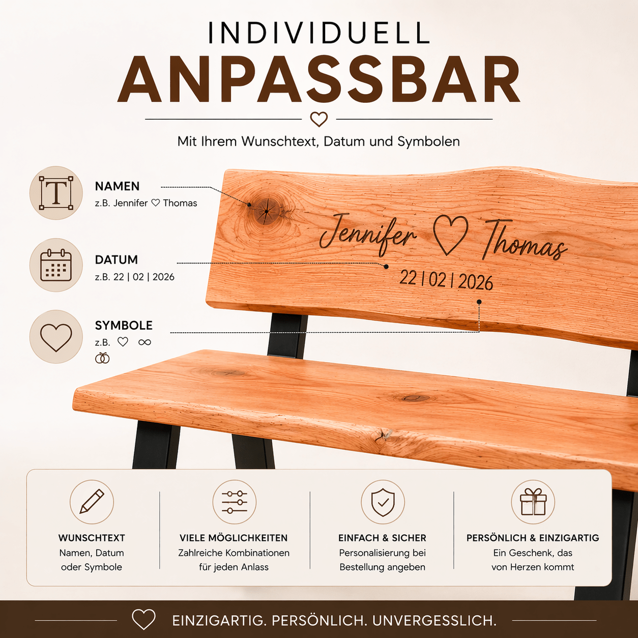 Personalisierte Holzbank mit Gravur – Sitzbank aus massivem Douglasienholz – Individuell mit Namen & Datum – Geschenk zur Hochzeit, Jubiläum oder Rente – 120 cm - Wood - 24