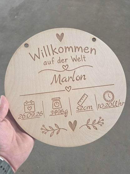 Personalisiertes Holzschild zur Geburt – Babyname und Geburtsdaten - Wood-24