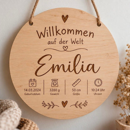 Personalisiertes Holzschild zur Geburt – Babyname und Geburtsdaten - Wood-24