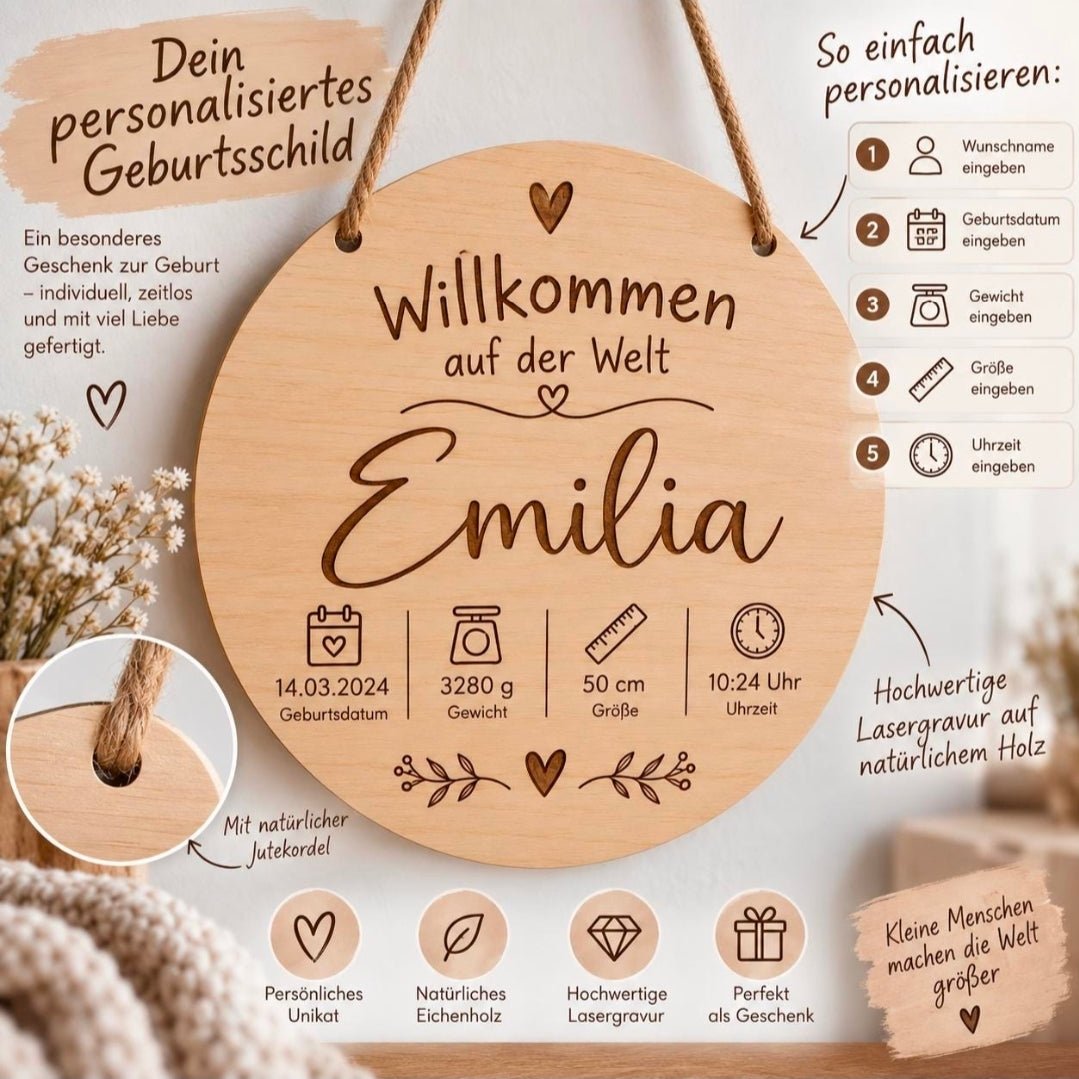 Personalisiertes Holzschild zur Geburt – Babyname und Geburtsdaten - Wood-24