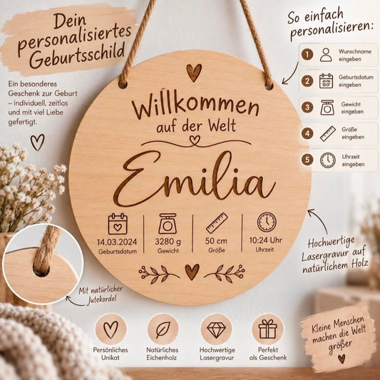 Personalisiertes Holzschild zur Geburt – Babyname und Geburtsdaten - Wood-24