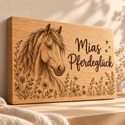 Pferdeglück – Kinderzimmer-Wandschild Pferd, Gravur und Holzdetail; digitale Gestaltungsvisualisierung
