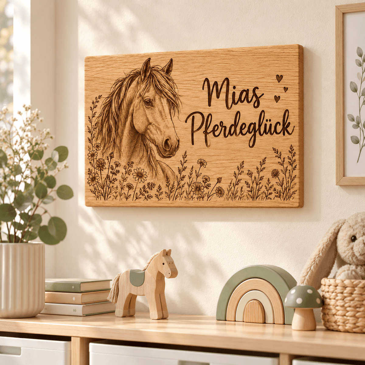 Pferdeglück – Kinderzimmer-Wandschild Pferd, Kinderzimmer-Beispiel; digitale Gestaltungsvisualisierung