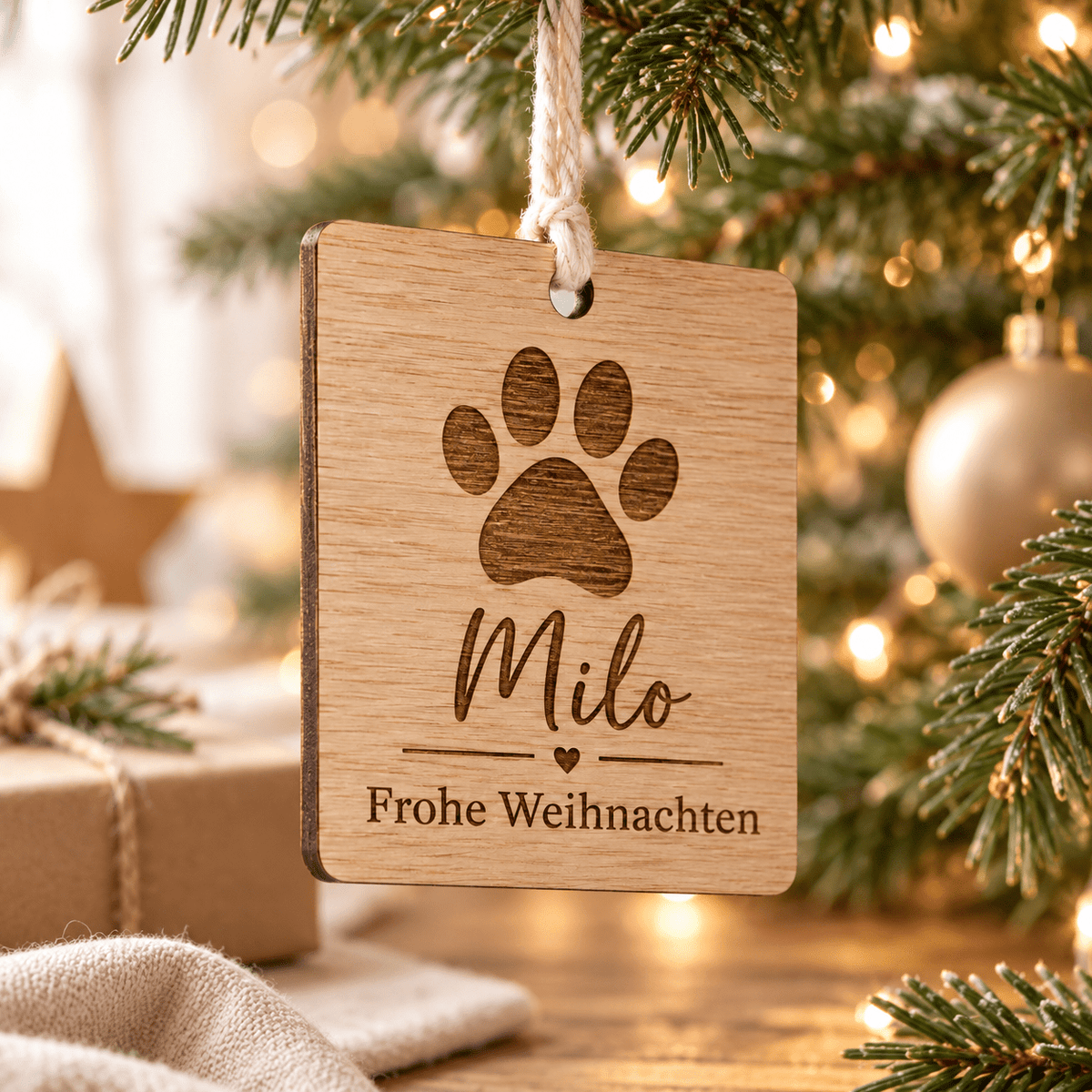 Pfotenweihnacht – Weihnachtsanhänger für Tierfreunde – Anwendungsbeispiel, KI-Visualisierung