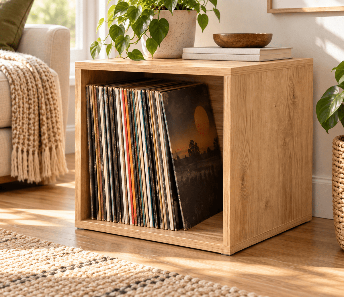 Plattenregal – Vinyl-Aufbewahrung offen in Eicheoptik im Einsatz