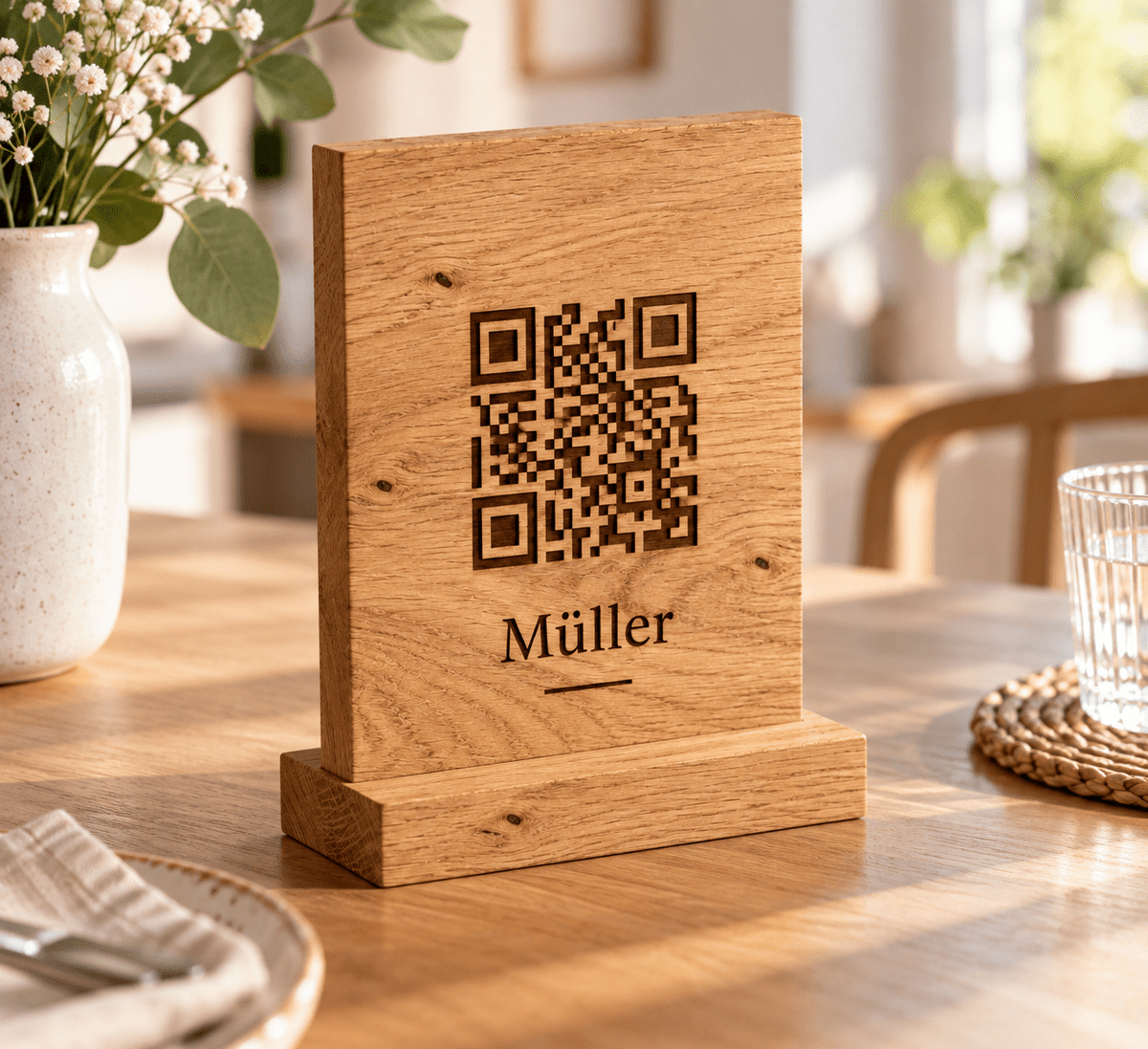 QRKontakt – QR-Code-Aufsteller aus Eiche im Einsatz