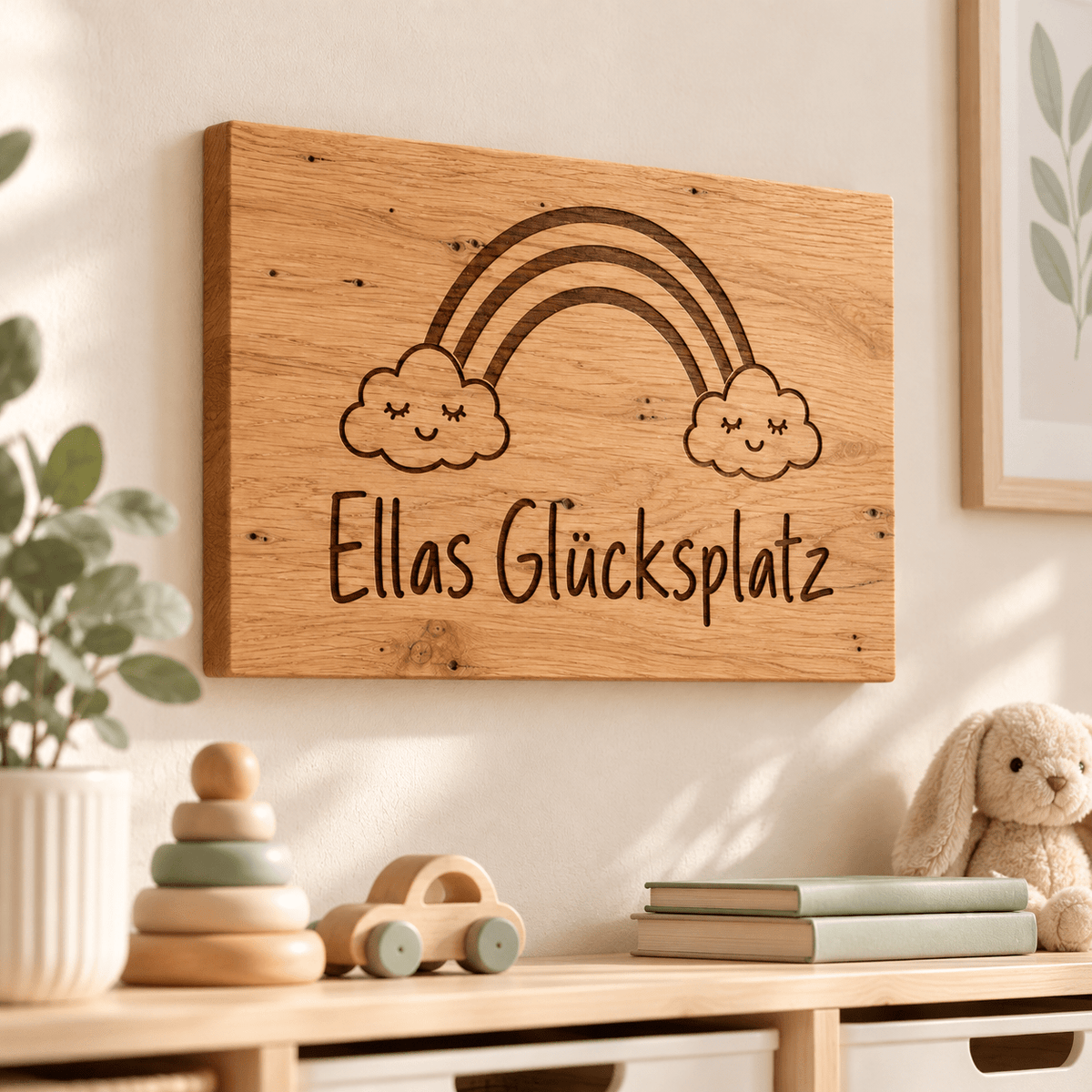 Regenbogenplatz – Kinderzimmer-Wandschild Regenbogen, Kinderzimmer-Beispiel; digitale Gestaltungsvisualisierung