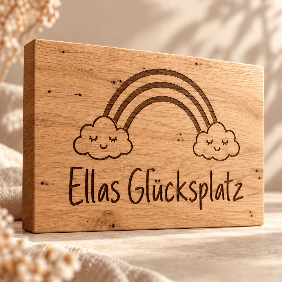 Regenbogenplatz – Kinderzimmer-Wandschild Regenbogen, Gravur und Holzdetail; digitale Gestaltungsvisualisierung