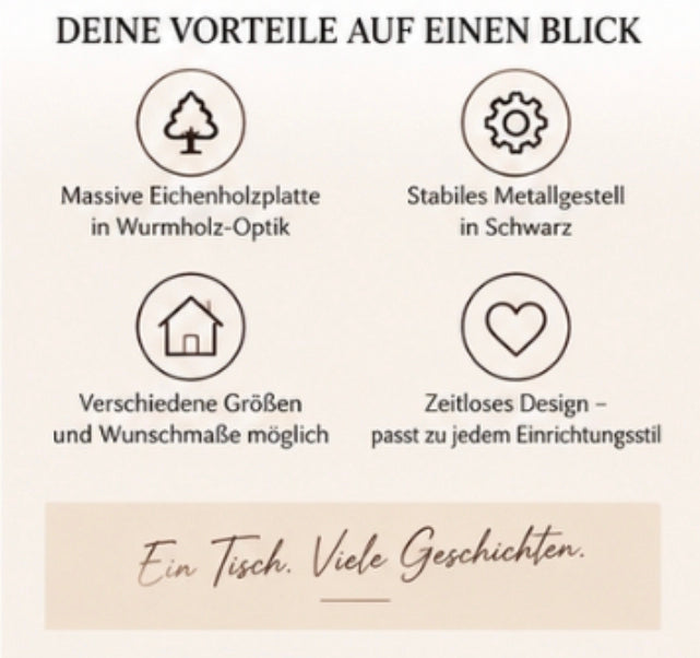 Esstisch aus massiver Wurmeiche mit schwarzem Metallgestell