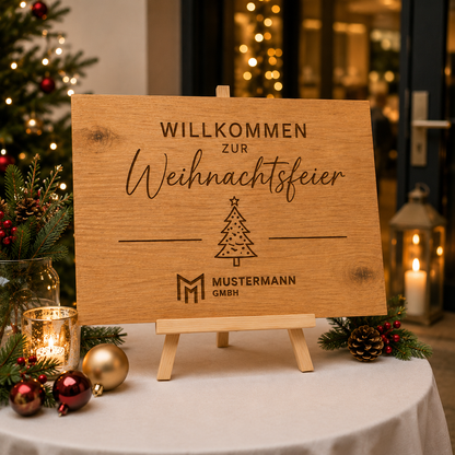Personalisiertes Willkommensschild Weihnachtsfeier aus Eiche – 70 × 50 cm