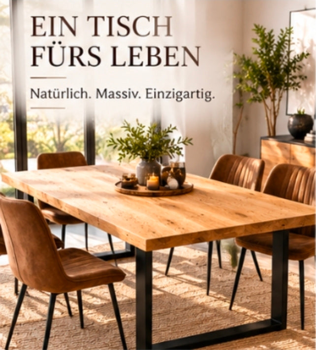 Esstisch aus massiver Wurmeiche mit schwarzem Metallgestell