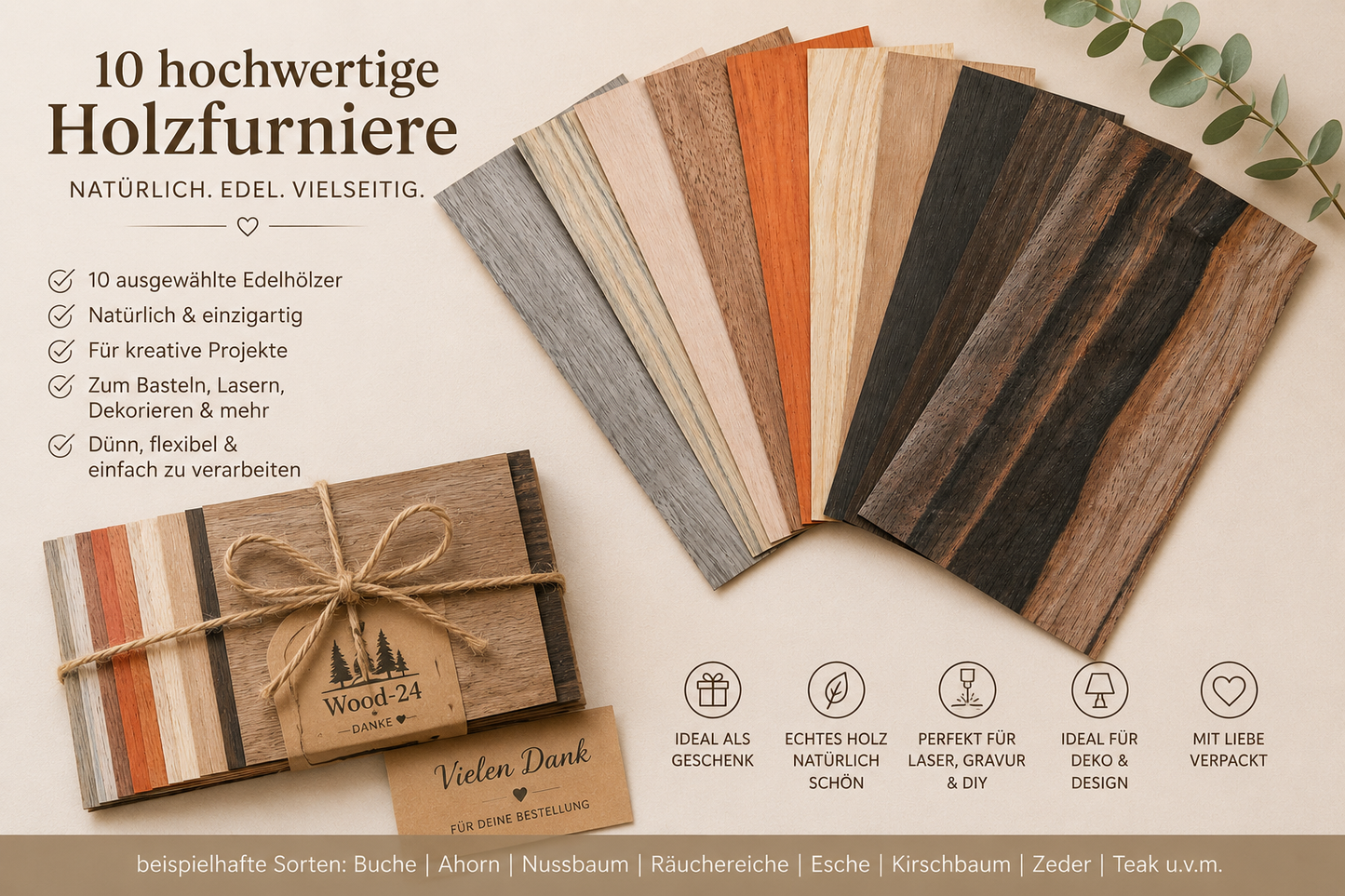 10x Echtholz Furnier 20x10 cm | 0,4 mm Furnier Mix | Holz zum Lasern | Bastelholz | Intarsien | Holzschmuck DIY | Modellbau
