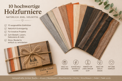 10x Echtholz Furnier 20x10 cm | 0,4 mm Furnier Mix | Holz zum Lasern | Bastelholz | Intarsien | Holzschmuck DIY | Modellbau