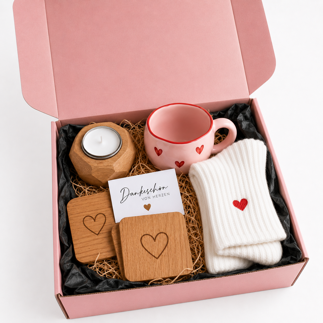 Geschenkbox für Frauen – Wohlfühl-Geschenkset mit Tasse, Kuschelsocken & handgefertigten Eichenholz-Produkten