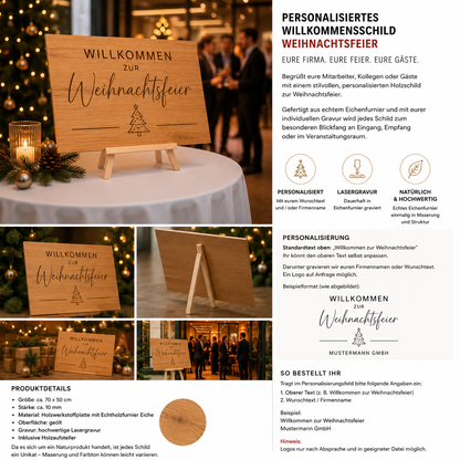Personalisiertes Willkommensschild Weihnachtsfeier aus Eiche – 70 × 50 cm