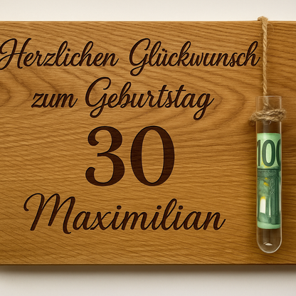 Geschenkebrett - mit Reagenzglas Geldgeschenk
